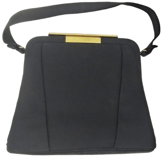 Vintage 1960s Crown Lewis Black Rayon Trapezoid Handbag Purse - Picture 1 of 9